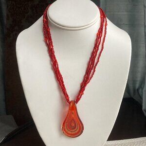 Artisan Beaded Necklace w/Art Glass Pendant, Murano Style, Shades of Red & Gold
